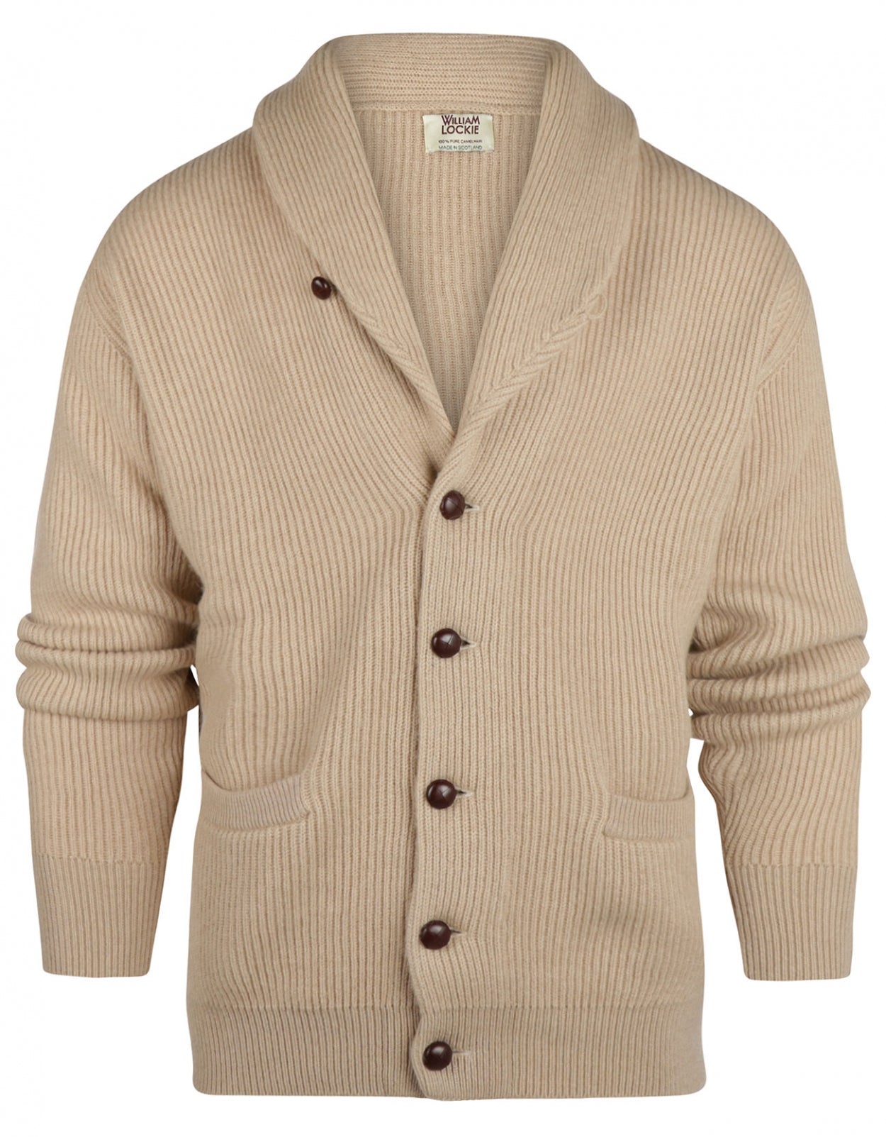 Strickjacke mit Knöpfen, Kamelhaar, Schalkragen | Blond