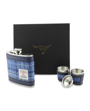 Harris Tweed Hip Flask Gift Set | Blauw