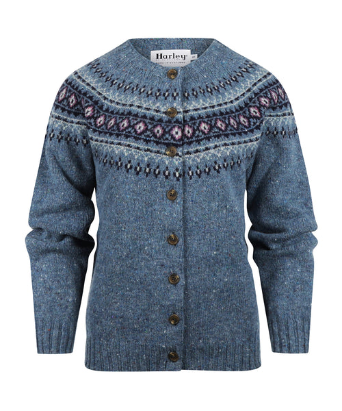 Harley of Scotland Dames Fair Isle Knoopvest | Denim Blauw