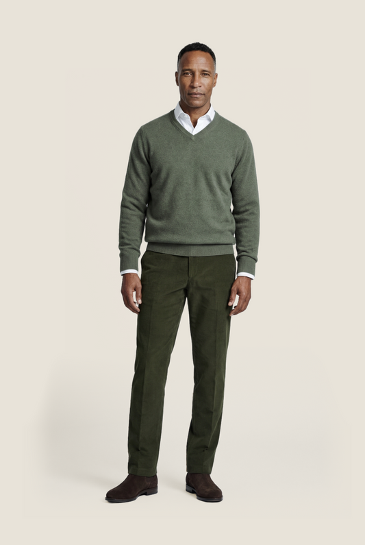 Lamswol V-Hals Pullover | Olijf Groen