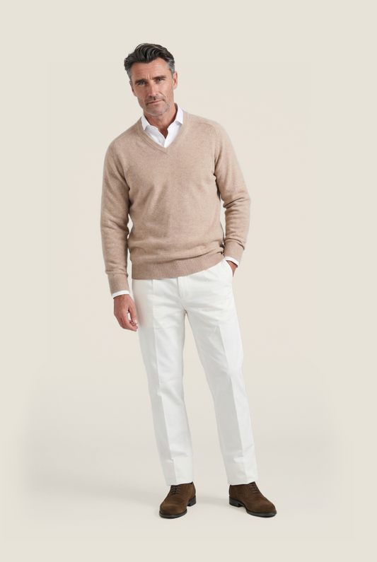 Lamswol V-Hals Pullover | Zand Melange