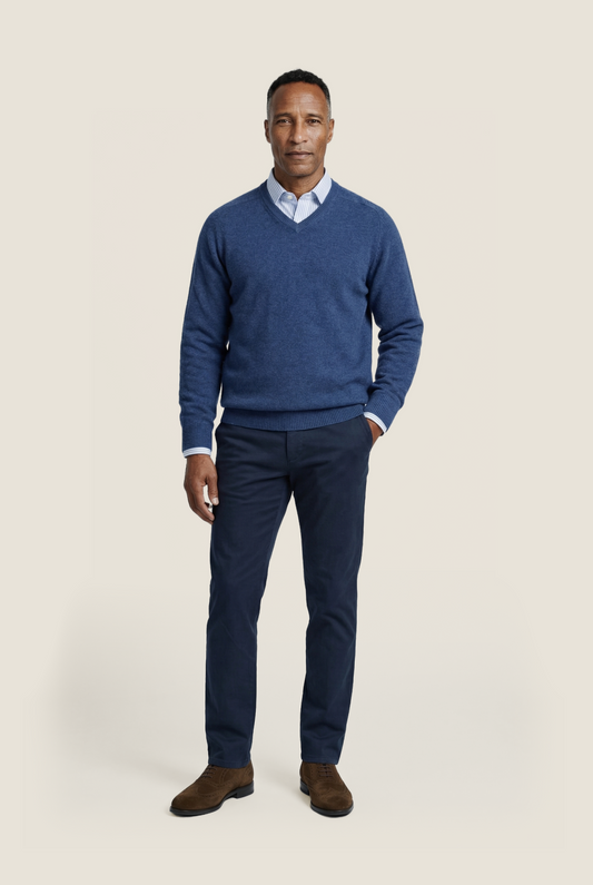 Lamswol V-Hals Pullover | Blauw Melange