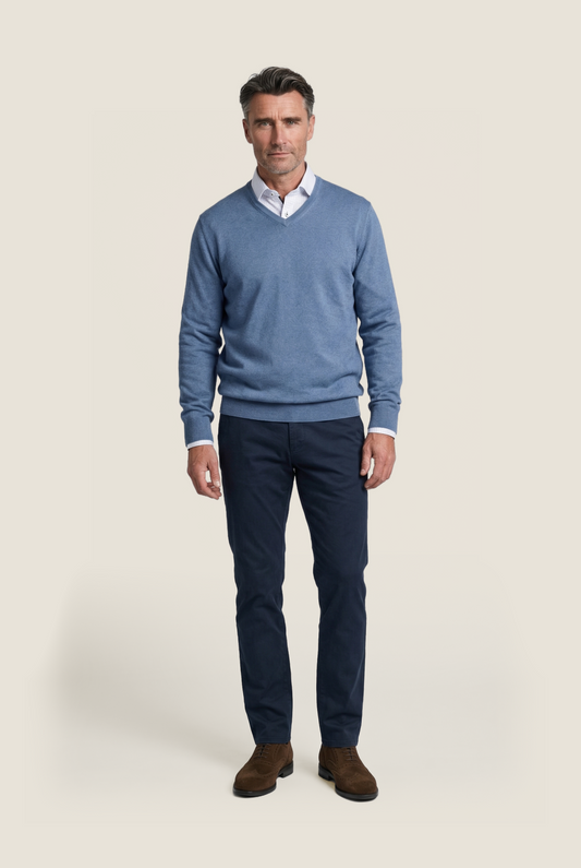 Pullover V-Hals Cotton/Cashmere | Staal Blauw Melange