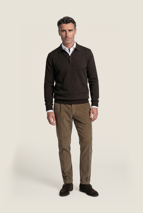 Pullover polo merino wol | Donker Bruin