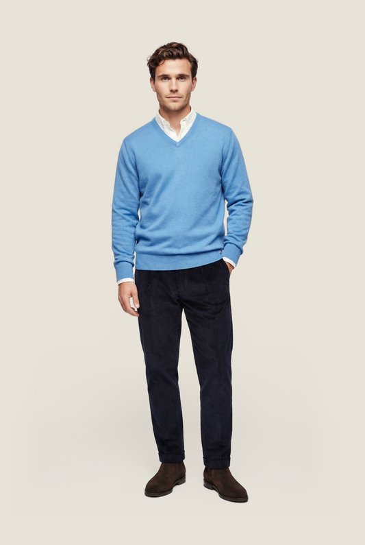 Pullover V-Hals Cotton/Cashmere | Ijs Blauw