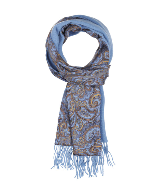 Zijden Cashmere Sjaal | Blauw Paisley Blauw Effen