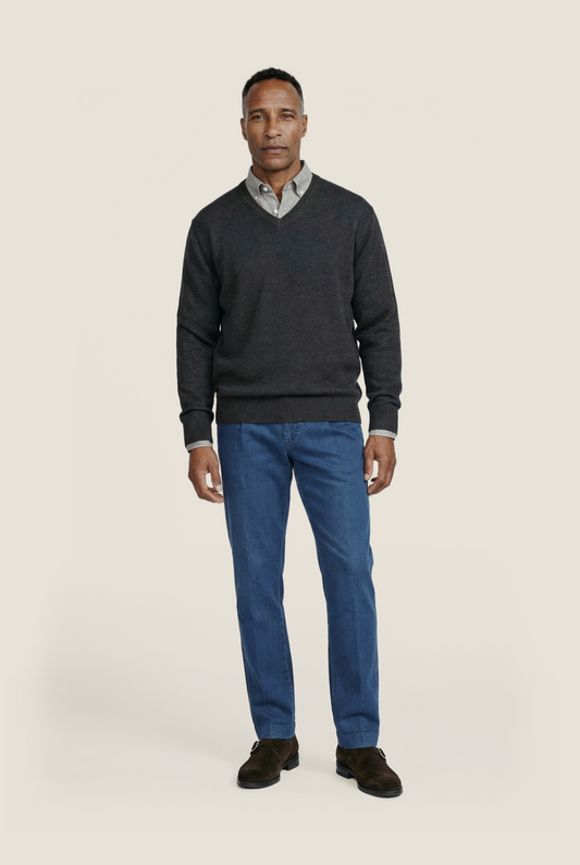 Katoen V-Hals Pullover | Charcoal