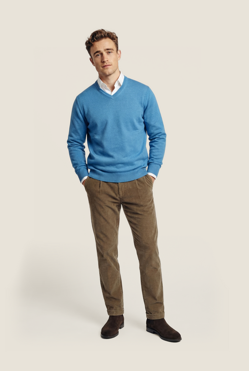 Pullover katoen v-hals | Blauw