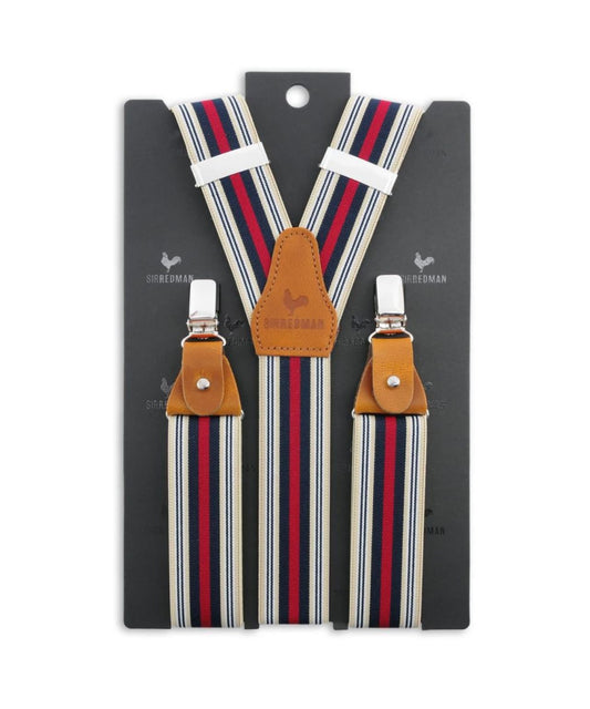 Luxe Bretels Clip/Leer | Navy/Rood/Wit streep