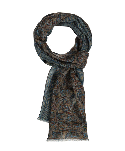 Sjaal 100%Wol | Bruin Blauw Paisley Ruit
