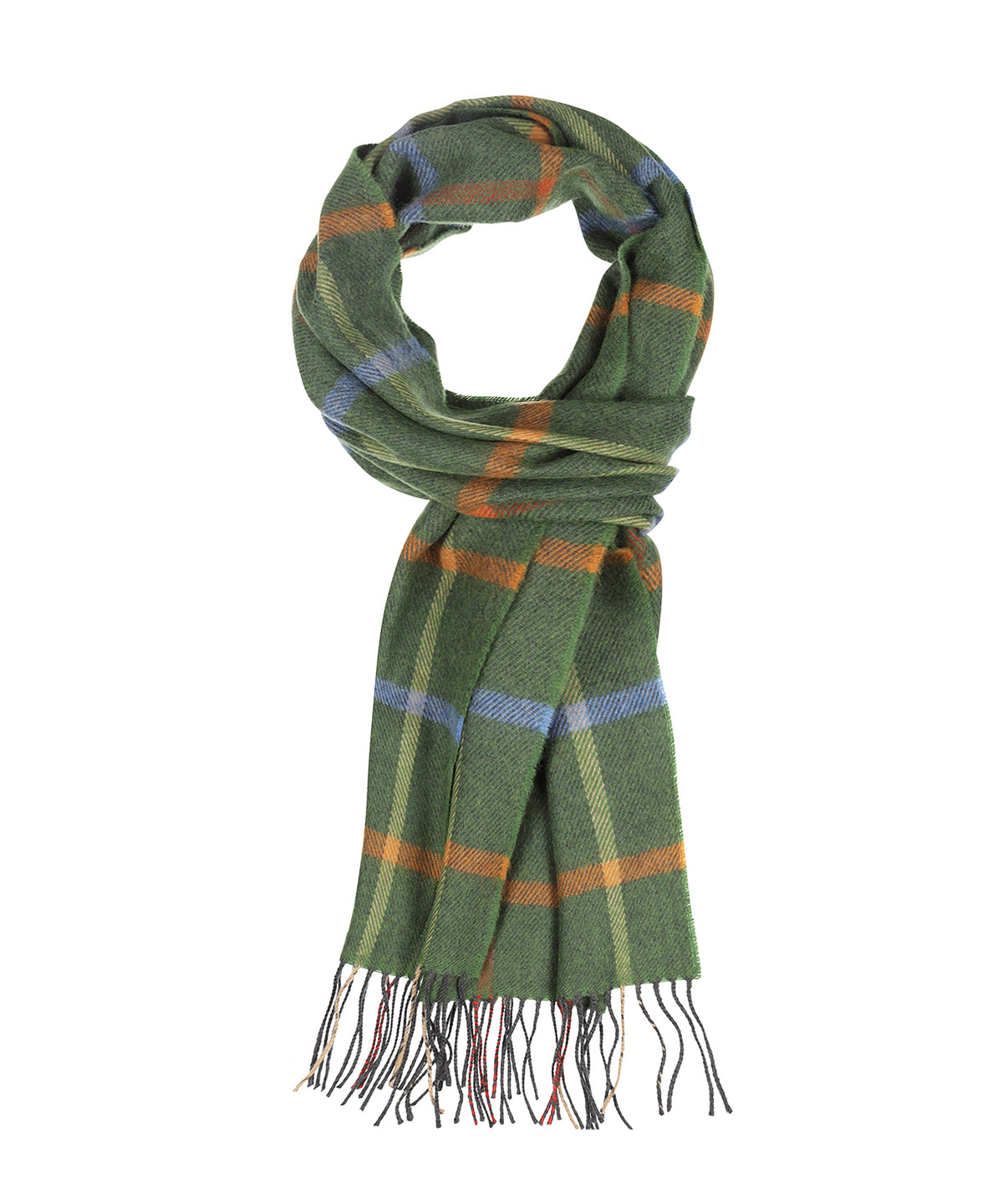 Merino Luxury Wool Scarf | Olijfgroen lichtblauw oranje ruit