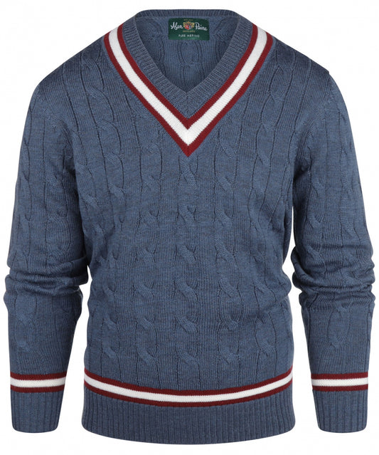 Cricket V-Hals Merinowol | Denim/Ecru/Burgundy