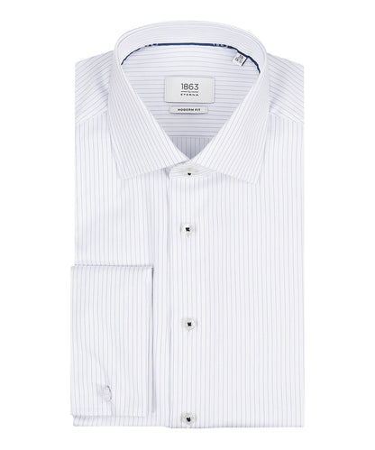 Shirt Dubbele Manchet | Wit ministreep Lichtblauw