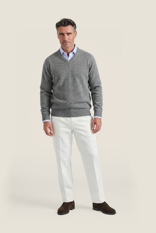 Lamswol V-Hals Pullover | Midden Grijs