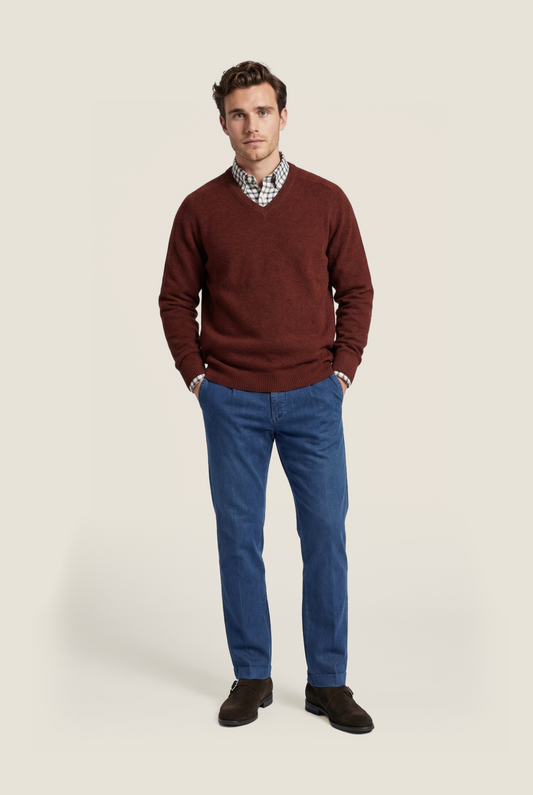 Lamswol V-Hals Pullover | Donker Rood Melange