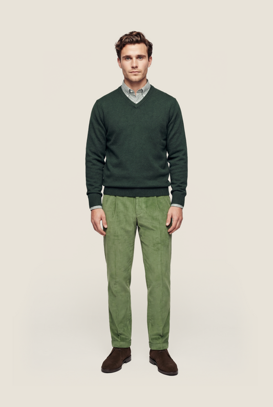 Katoen V-Hals Pullover | Donker Groen