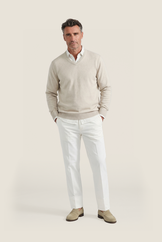 Katoen V-Hals Pullover | Light Beige