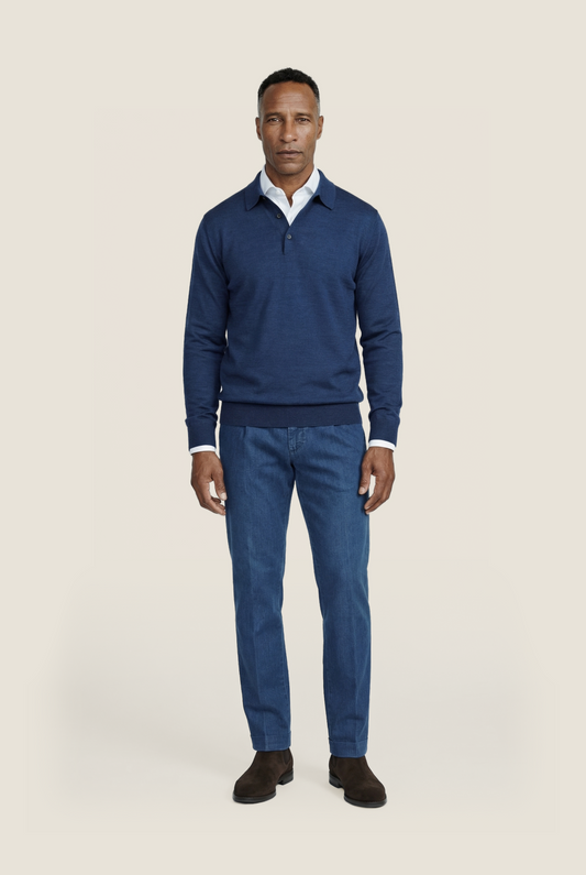 Merino Polo Pullover | Donker Blauw Melange