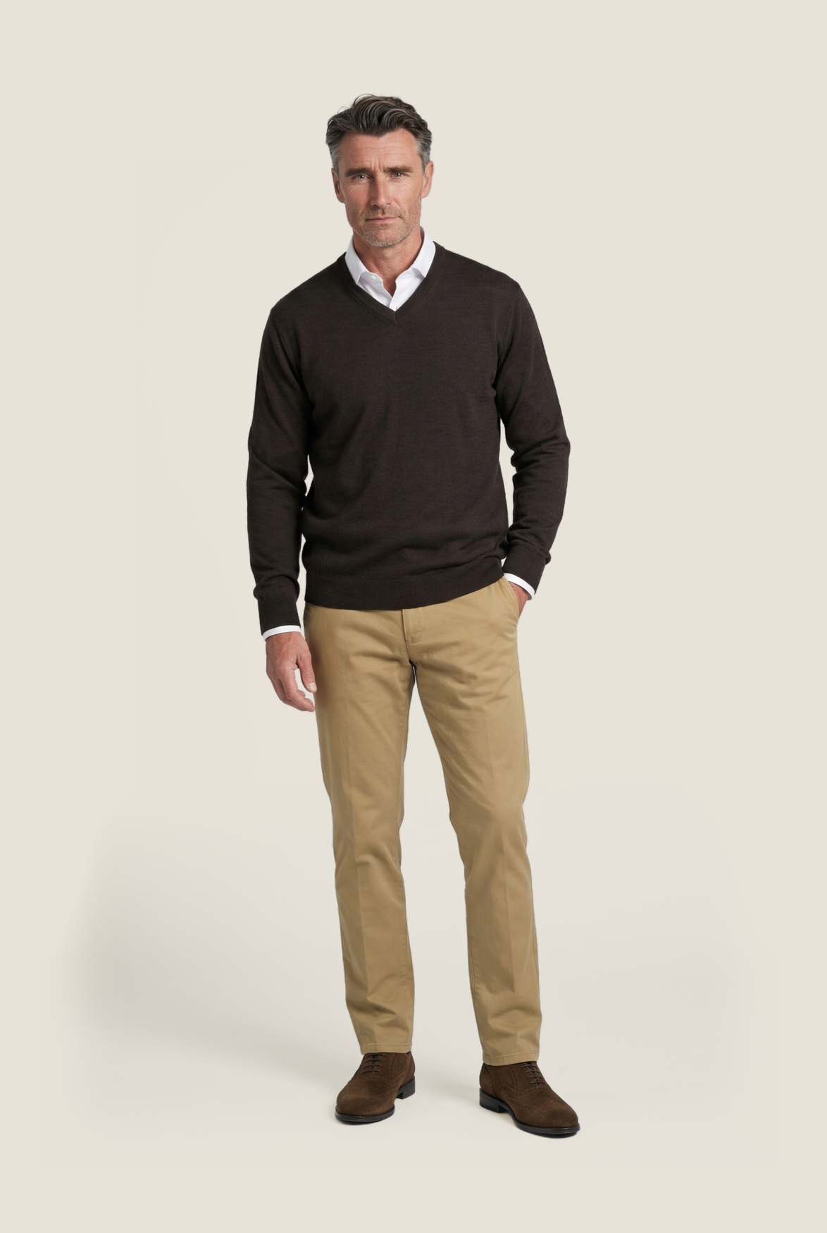 Merinowollpullover mit V-Ausschnitt | Dunkelbraun